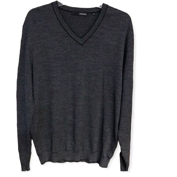Stones Men’s Sz XL Gray Black Stripe V-Neck Wool Long Sleeve Sweater - Picture 1 of 8